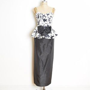 vintage 80s dress black white floral print strapless peplum bow party prom XS